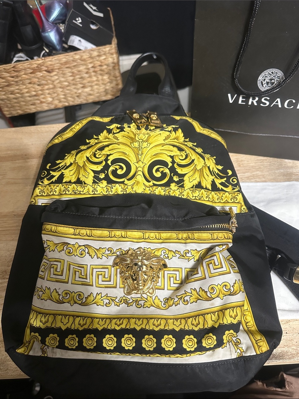 Versace Black and Gold Baroque Medusa Backpack